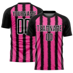 Camiseta de fútbol personalizada con sublimación de líneas negras, rosas y blancas Camiseta de fútbol personalizada con sublimación de líneas negras, rosas y blancas