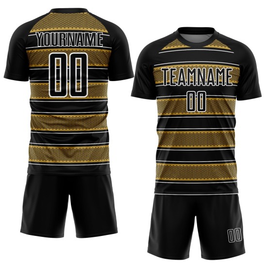 Camiseta de fútbol personalizada con sublimación de líneas y formas geométricas en negro, dorado antiguo y blanco Camiseta de fútbol personalizada con sublimación de líneas y formas geométricas en negro, dorado antiguo y blanco