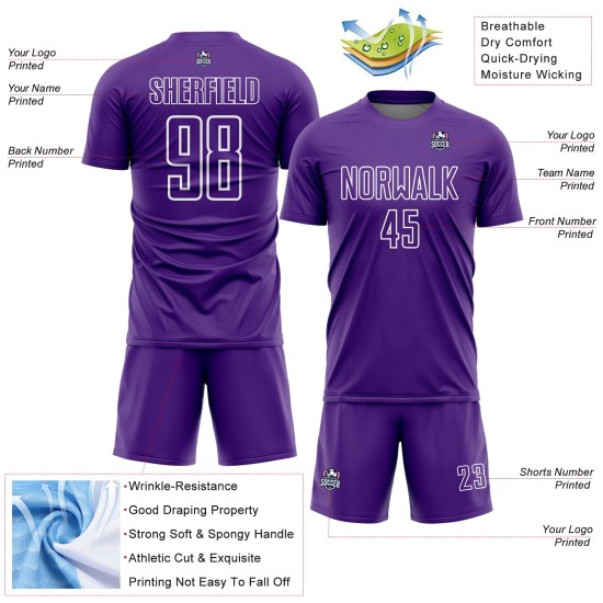 Camiseta de fútbol personalizada con sublimación de formas geométricas en morado y blanco