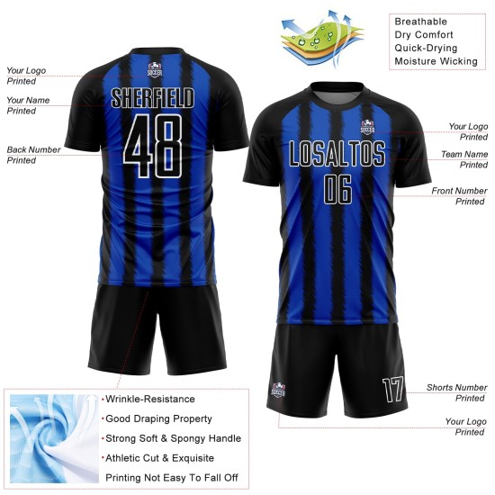 Camiseta de fútbol personalizada con sublimación de línea azul y blanca de Black Thunder Camiseta de fútbol personalizada con sublimación de línea azul y blanca de Black Thunder