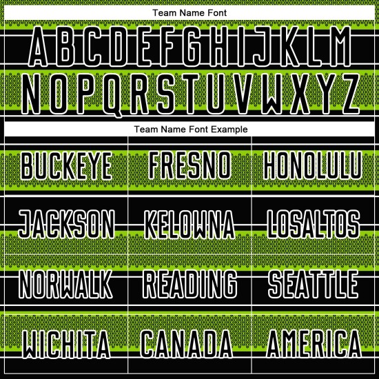 Camiseta de fútbol personalizada con sublimación de líneas y formas geométricas, color verde neón y blanco, en negro Camiseta de fútbol personalizada con sublimación de líneas y formas geométricas, color verde neón y blanco, en negro