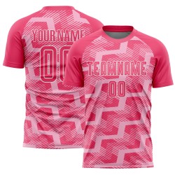 Camiseta de fútbol personalizada con sublimación de líneas rosa neón, rosa claro y blanco