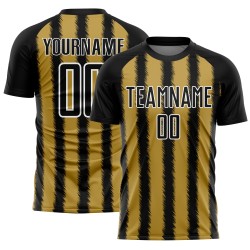 Camiseta de fútbol personalizada con sublimación de líneas blancas y negras, doradas y doradas antiguas Camiseta de fútbol personalizada con sublimación de líneas blancas y negras, doradas y doradas antiguas
