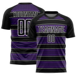 Camiseta de fútbol personalizada con sublimación de líneas y formas geométricas en negro, morado y blanco Camiseta de fútbol personalizada con sublimación de líneas y formas geométricas en negro, morado y blanco