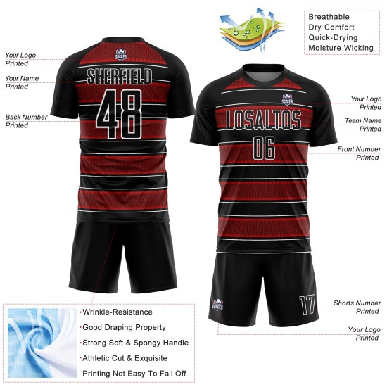 Camiseta de fútbol personalizada con sublimación de líneas y formas geométricas, negra, roja y blanca Camiseta de fútbol personalizada con sublimación de líneas y formas geométricas, negra, roja y blanca