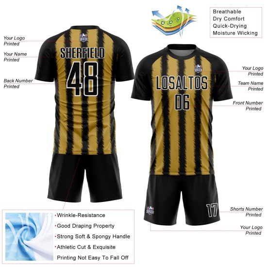 Camiseta de fútbol personalizada con sublimación de líneas blancas y negras, doradas y doradas antiguas Camiseta de fútbol personalizada con sublimación de líneas blancas y negras, doradas y doradas antiguas