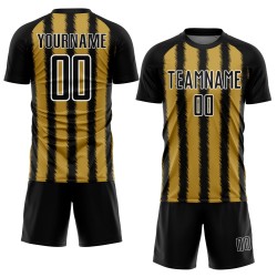 Camiseta de fútbol personalizada con sublimación de líneas blancas y negras, doradas y doradas antiguas Camiseta de fútbol personalizada con sublimación de líneas blancas y negras, doradas y doradas antiguas