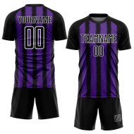 Camiseta de fútbol personalizada con sublimación de líneas negras, moradas y blancas