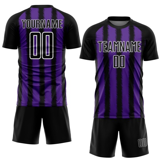 Camiseta de fútbol personalizada con sublimación de líneas negras, moradas y blancas Camiseta de fútbol personalizada con sublimación de líneas negras, moradas y blancas