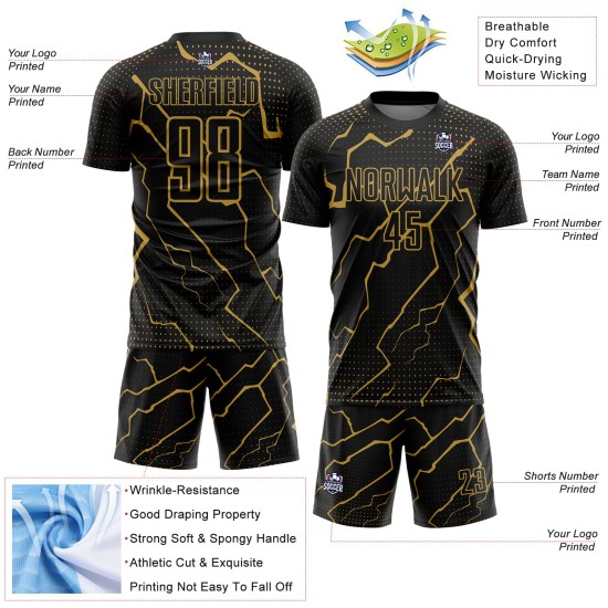 Camiseta de fútbol personalizada con sublimación de Rayo Negro Oro Viejo