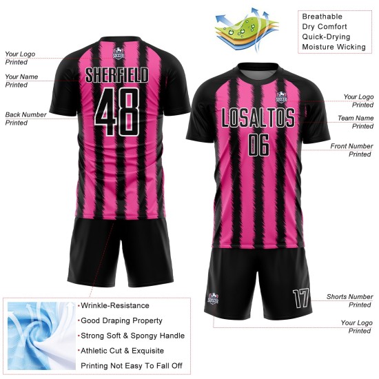 Camiseta de fútbol personalizada con sublimación de líneas negras, rosas y blancas Camiseta de fútbol personalizada con sublimación de líneas negras, rosas y blancas