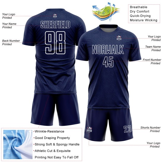 Camiseta de fútbol personalizada con sublimación de formas geométricas en blanco y azul marino
