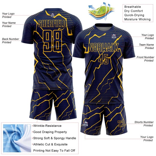 Camiseta de fútbol personalizada con sublimación de Lightning en amarillo marino Camiseta de fútbol personalizada con sublimación de Lightning en amarillo marino