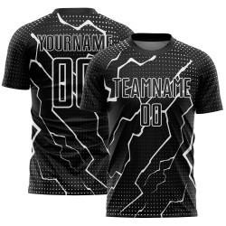 Camiseta de fútbol personalizada con sublimación de Rayo Blanco y Negro