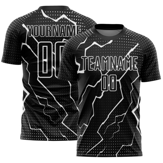 Camiseta de fútbol personalizada con sublimación de Rayo Blanco y Negro Camiseta de fútbol personalizada con sublimación de Rayo Blanco y Negro