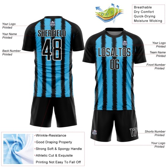 Camiseta de fútbol personalizada con sublimación de líneas azul cielo y blanco, negra Camiseta de fútbol personalizada con sublimación de líneas azul cielo y blanco, negra