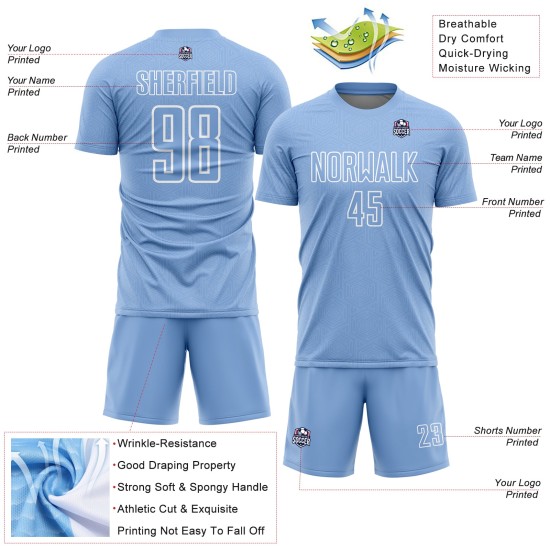 Camiseta de fútbol personalizada con sublimación de formas geométricas en azul claro y blanco