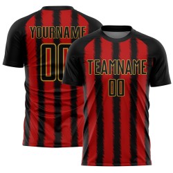 Camiseta de fútbol personalizada con sublimación de líneas negro, rojo y dorado antiguo Camiseta de fútbol personalizada con sublimación de líneas negro, rojo y dorado antiguo