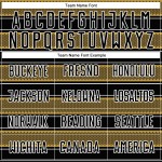 Camiseta de fútbol personalizada con sublimación de líneas y formas geométricas en negro, dorado antiguo y blanco Camiseta de fútbol personalizada con sublimación de líneas y formas geométricas en negro, dorado antiguo y blanco