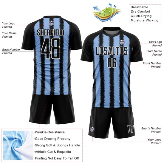 Camiseta de fútbol personalizada con sublimación de líneas azul claro y blanco y negro