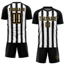 Camiseta de fútbol personalizada con sublimación de líneas en negro, blanco y dorado antiguo Camiseta de fútbol personalizada con sublimación de líneas en negro, blanco y dorado antiguo