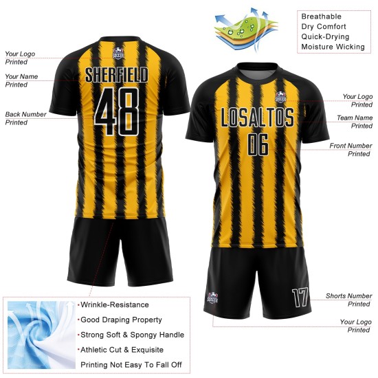 Camiseta de fútbol personalizada con sublimación de líneas negras, doradas y blancas Camiseta de fútbol personalizada con sublimación de líneas negras, doradas y blancas