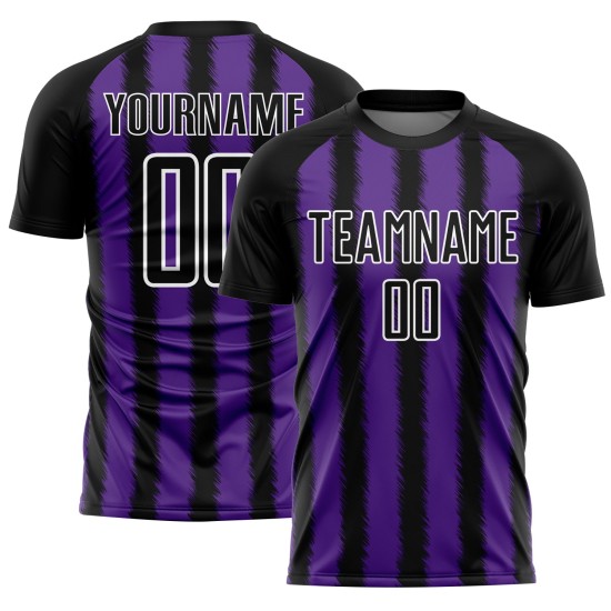 Camiseta de fútbol personalizada con sublimación de líneas negras, moradas y blancas Camiseta de fútbol personalizada con sublimación de líneas negras, moradas y blancas