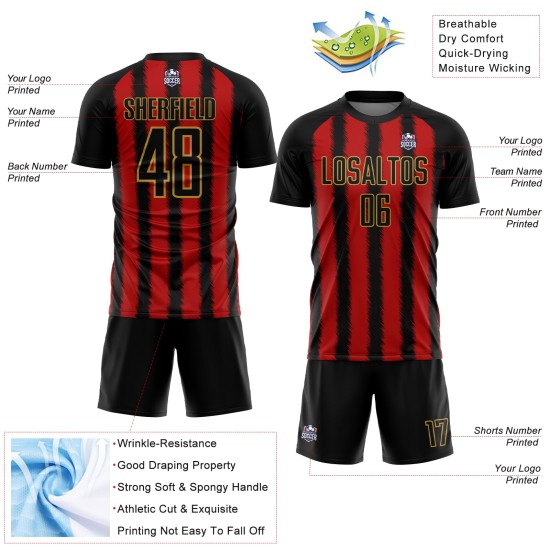 Camiseta de fútbol personalizada con sublimación de líneas negro, rojo y dorado antiguo Camiseta de fútbol personalizada con sublimación de líneas negro, rojo y dorado antiguo