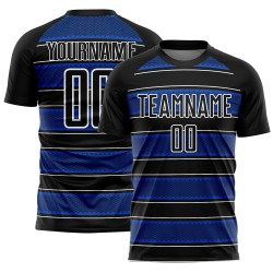 Camiseta de fútbol personalizada con sublimación de líneas y formas geométricas en azul trueno negro y blanco Camiseta de fútbol personalizada con sublimación de líneas y formas geométricas en azul trueno negro y blanco