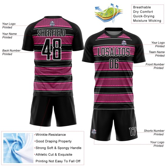 Camiseta de fútbol personalizada con sublimación de líneas y formas geométricas en negro, rosa y blanco Camiseta de fútbol personalizada con sublimación de líneas y formas geométricas en negro, rosa y blanco