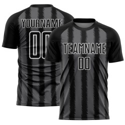 Camiseta de fútbol personalizada con sublimación de líneas gris acero y blanco, color negro Camiseta de fútbol personalizada con sublimación de líneas gris acero y blanco, color negro