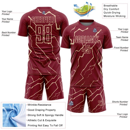 Camiseta de fútbol personalizada de sublimación Crimson City Cream Lightning Camiseta de fútbol personalizada de sublimación Crimson City Cream Lightning