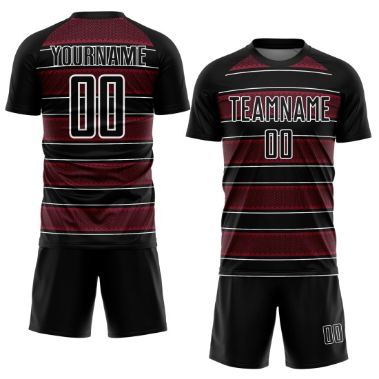 Camiseta de fútbol personalizada con sublimación de líneas y formas geométricas en blanco y negro carmesí Camiseta de fútbol personalizada con sublimación de líneas y formas geométricas en blanco y negro carmesí