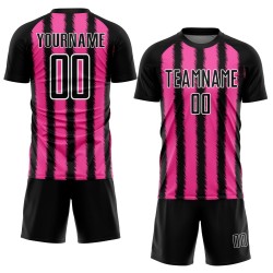 Camiseta de fútbol personalizada con sublimación de líneas negras, rosas y blancas Camiseta de fútbol personalizada con sublimación de líneas negras, rosas y blancas