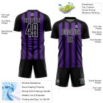 Camiseta de fútbol personalizada con sublimación de líneas negras, moradas y blancas Camiseta de fútbol personalizada con sublimación de líneas negras, moradas y blancas