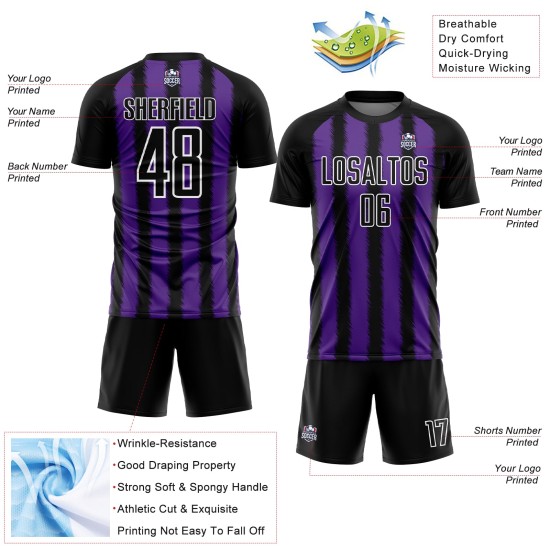 Camiseta de fútbol personalizada con sublimación de líneas negras, moradas y blancas Camiseta de fútbol personalizada con sublimación de líneas negras, moradas y blancas