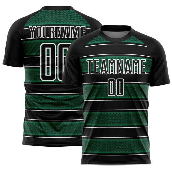 Camiseta de fútbol personalizada con sublimación de líneas y formas geométricas en verde Kelly y blanco, color negro Camiseta de fútbol personalizada con sublimación de líneas y formas geométricas en verde Kelly y blanco, color negro