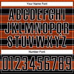 Camiseta de fútbol personalizada con sublimación de líneas y formas geométricas en negro, naranja y blanco Camiseta de fútbol personalizada con sublimación de líneas y formas geométricas en negro, naranja y blanco