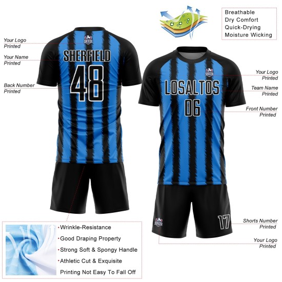 Camiseta de fútbol personalizada con sublimación de líneas azul y blanco en polvo negro