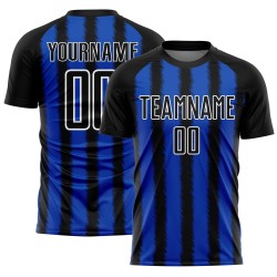 Camiseta de fútbol personalizada con sublimación de línea azul y blanca de Black Thunder Camiseta de fútbol personalizada con sublimación de línea azul y blanca de Black Thunder