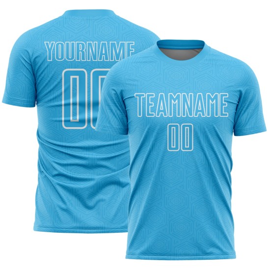 Camiseta de fútbol personalizada con sublimación de formas geométricas en azul cielo y blanco