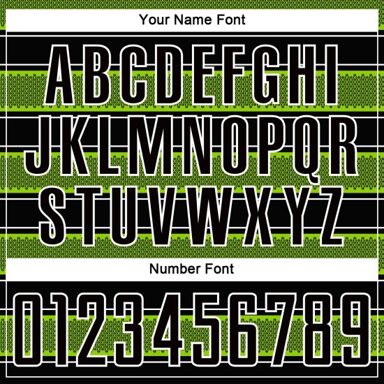Camiseta de fútbol personalizada con sublimación de líneas y formas geométricas, color verde neón y blanco, en negro Camiseta de fútbol personalizada con sublimación de líneas y formas geométricas, color verde neón y blanco, en negro