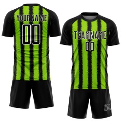 Camiseta de fútbol personalizada con sublimación de líneas verde neón y blanco en negro Camiseta de fútbol personalizada con sublimación de líneas verde neón y blanco en negro