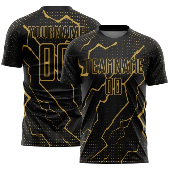 Camiseta de fútbol personalizada con sublimación de Rayo Negro Oro Viejo