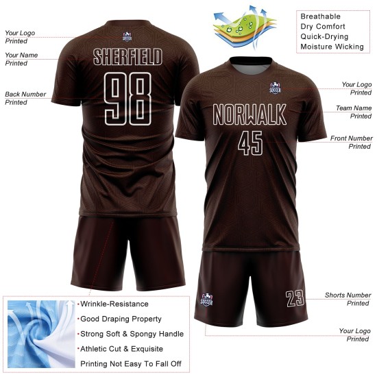 Camiseta de fútbol personalizada con sublimación de formas geométricas en marrón y blanco Camiseta de fútbol personalizada con sublimación de formas geométricas en marrón y blanco
