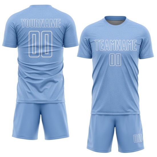 Camiseta de fútbol personalizada con sublimación de formas geométricas en azul claro y blanco