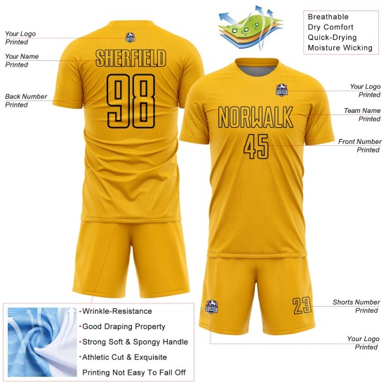 Camiseta de fútbol personalizada con sublimación de formas geométricas en dorado y negro Camiseta de fútbol personalizada con sublimación de formas geométricas en dorado y negro
