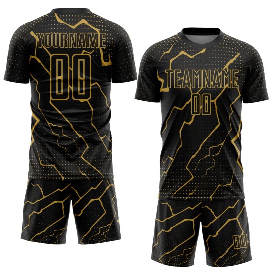 Camiseta de fútbol personalizada con sublimación de Rayo Negro Oro Viejo