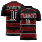 Camiseta de fútbol personalizada con sublimación de líneas y formas geométricas, negra, roja y blanca Camiseta de fútbol personalizada con sublimación de líneas y formas geométricas, negra, roja y blanca