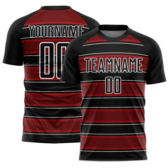 Camiseta de fútbol personalizada con sublimación de líneas y formas geométricas, negra, roja y blanca Camiseta de fútbol personalizada con sublimación de líneas y formas geométricas, negra, roja y blanca